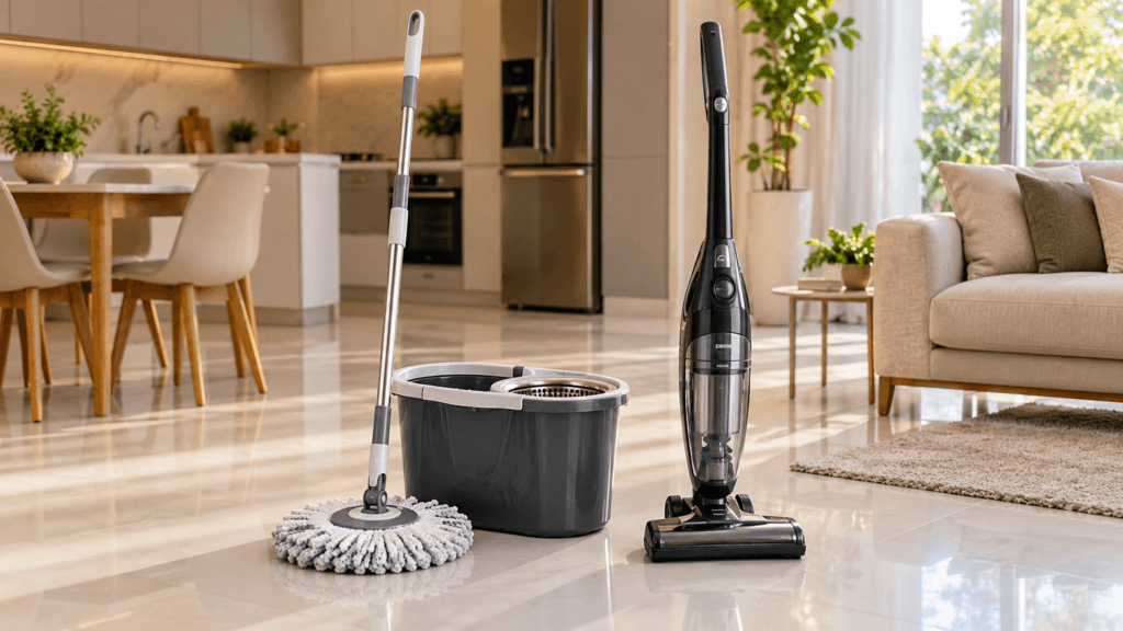 Comparação entre mop giratório ou aspirador vertical em piso liso
